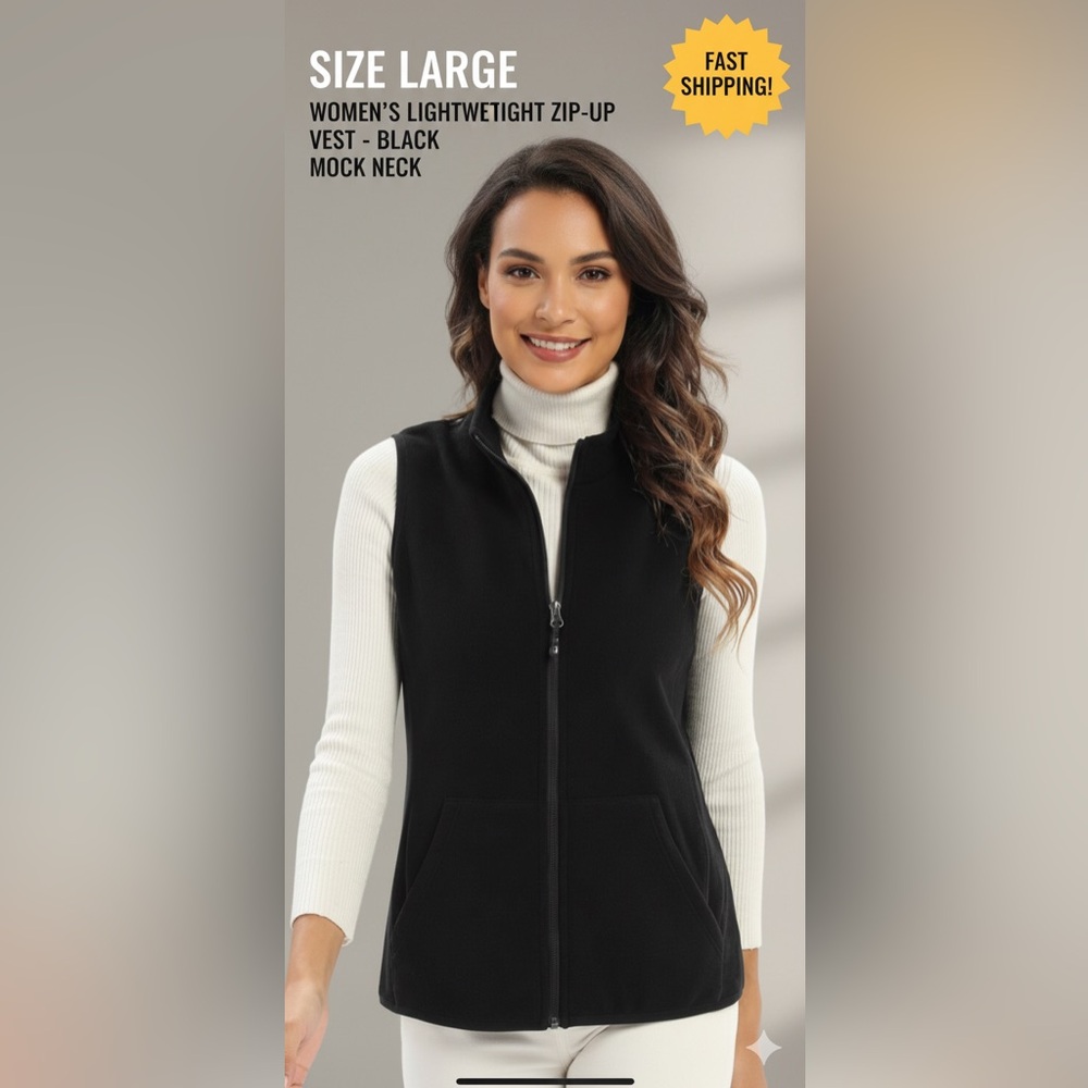 SIZE LARGE Women’s Lightweight Zip Up Vest In Black With Mock Neck